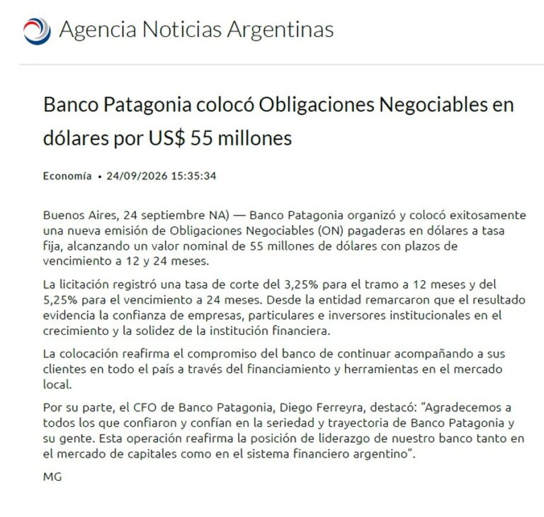 Banco Patagonia coloca ON por US$ 55 millones